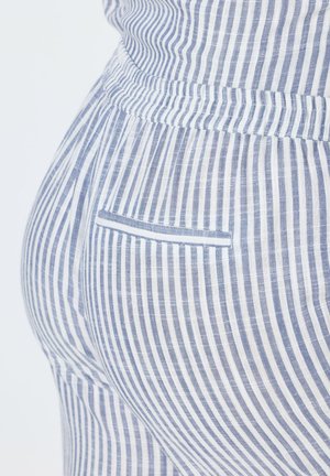 Leinenmischungshosen mit blau-weißen, vertikalen Streifen, ausgestattet mit einem flachen Bund und einer kleinen Taschendetail auf der rechten Seite.