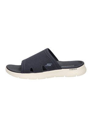 Navy blue open-toe slide sandal with breathable mesh upper, cushioned black footbed, and white textured sole labeled "GOWALK."