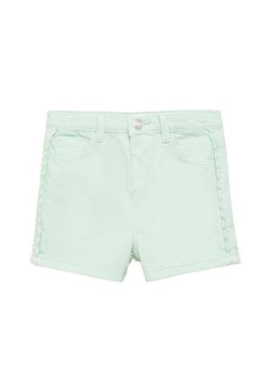 Lysegrønne denimshorts med knap foran, bæltestropper, stikdetaljer i siden og forlommer.