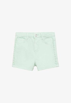 Lysegrønne denimshorts med knap foran, bæltestropper, stikdetaljer i siden og forlommer.