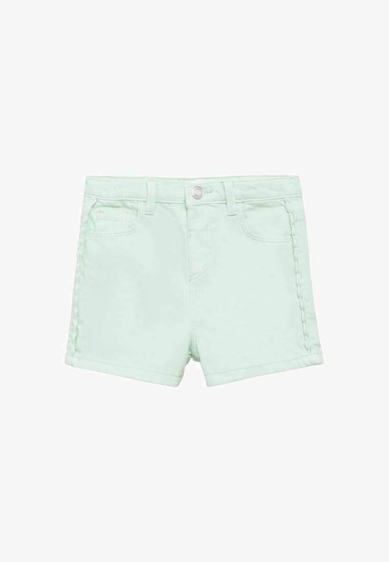 Shorts en denim vert clair avec bouton frontal, passants de ceinture, détails cousus sur les côtés et poches avant.