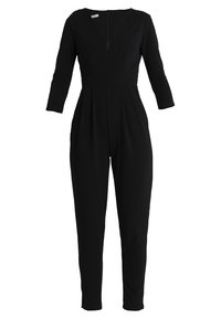 Black long-sleeve jumpsuit with fitted waist, V-neckline, and full-length tapered legs on a white background.