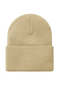 Gorro de punto beige con doblez, que presenta una textura suave y una parte superior sin costuras, ideal para usar en ocasiones informales en climas más frescos.