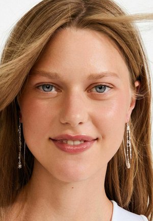 Lunghi orecchini d'argento con un delicato design a catena, caratterizzati da accenti floreali e lunghezze variabili, indossati da una persona con capelli lunghi e lisci.