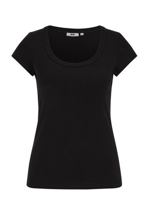 T-shirt noir à manches courtes, ajusté pour femmes, avec col dégagé, présenté sur un fond blanc uni.
