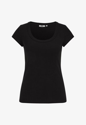 Schwarzes, kurzärmeliges, figurbetontes Damen-T-Shirt mit Rundhalsausschnitt, auf weißem Hintergrund dargestellt.