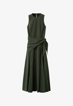 Sleeveless dark green midi dress with a round neckline and a wide fabric belt tied in a knot at the waist.