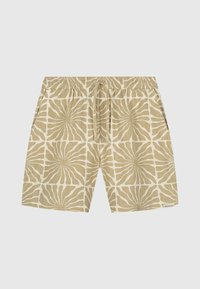 Beige gestreepte zwemboxers met een relaxte pasvorm, voorzien van een trekkoord in de taille en een bloemachtig geometrisch ontwerp in lichte en donkere tinten.