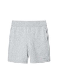 Pantalones cortos de algodón grises con cinturilla elástica, bolsillos laterales y pequeño logo rojo "HAKETT" en la parte inferior derecha. Textura suave.