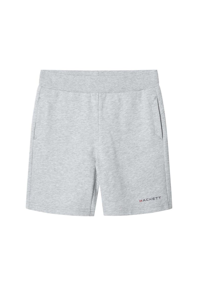 Pantalones cortos de algodón grises con cinturilla elástica, bolsillos laterales y pequeño logo rojo "HAKETT" en la parte inferior derecha. Textura suave.