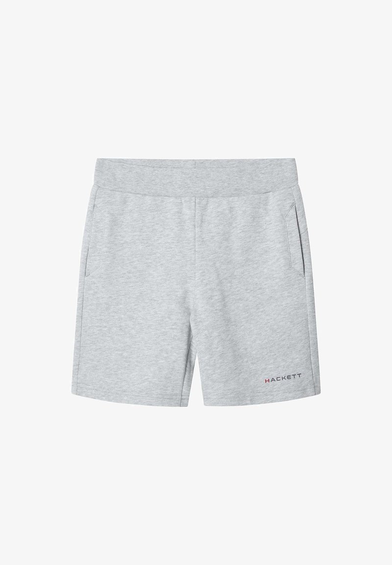 Sivi pamučni šorts s elastičnim pojasom, bočnim džepovima i malim crvenim logom "HAKETT" na donjoj desnoj strani. Mekana tekstura.