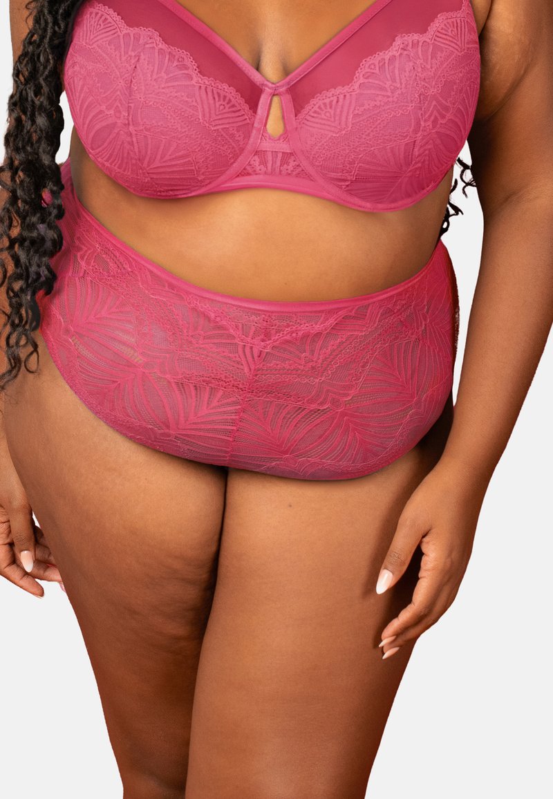 Fuchsia lace bra and high-waisted panties set with floral patterns, featuring sheer material, a keyhole detail, and soft texture.