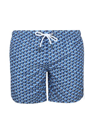 Swim shorts with a geometric blue pattern, elastic waistband, and white drawstring. Lightweight fabric, mid-thigh length, and straight cut.