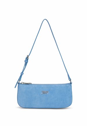 Sac d'épaule Tommy Jeans en daim bleu avec bandoulière réglable et fermeture éclair argentée sur le dessus.
