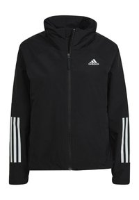 Czarna kurtka przeciwwiatrowa z wysokim kołnierzem, pełnym zamkiem błyskawicznym i trzema białymi paskami na każdym rękawie. Posiada logo Adidas na górnej lewej części.