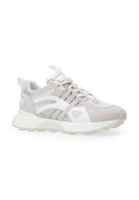 Hellgrauer und weißer Sneaker aus einer Kombination von Wildleder und Mesh-Materialien. Verfügt über eine gepolsterte Sohle und mehrere Schnürbereiche zur Anpassung der Passform.