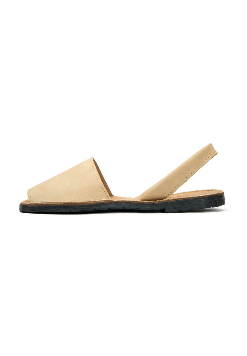 Beige leather slingback sandal with an open toe and a textured black rubber sole, featuring a minimalist design and curved edges.