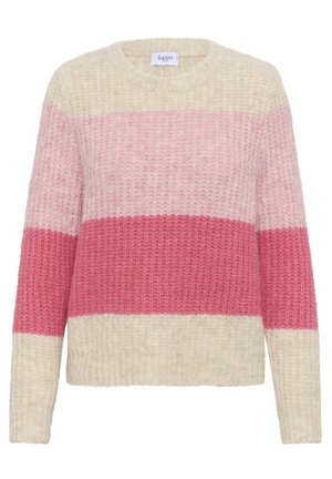 Neulecrewneck-paita leveillä vaaleanruskeilla, vaaleanpunaisilla ja kirkkaanpunaisilla vaakaraidoilla, jossa on pehmeä tekstuurikuvio.