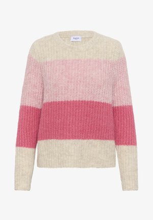 Adītas kruņotā džemperis ar platajiem horizontāliem svītrojumiem bēšā, gaiši rozā un spilgti rozā krāsā, ar mīkstu teksturētu rakstu.