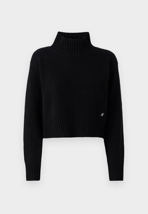 Black cropped sweater with a high ribbed turtleneck, long sleeves, and ribbed hem. Soft texture, minimalistic design, featuring a small logo detail.