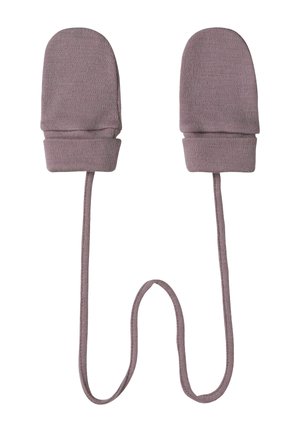 Moufles en tissu mauve doux avec un poignet côtelé et un cordon de liaison. Le dessus arrondi et la texture lisse améliorent la chaleur et le confort.