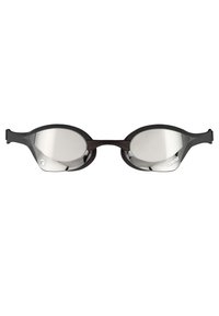 Svarta simglasögon med en strömlinjeformad design, spegelglas och justerbara remmar för en säker passform. Märkeslogotyp synlig på sidan.