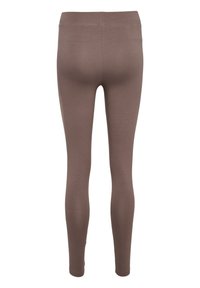 Leggings marrones hechos de una tela elástica, con una cintura alta y un diseño ajustado que se estrecha en los tobillos. Sin patrones ni adornos.
