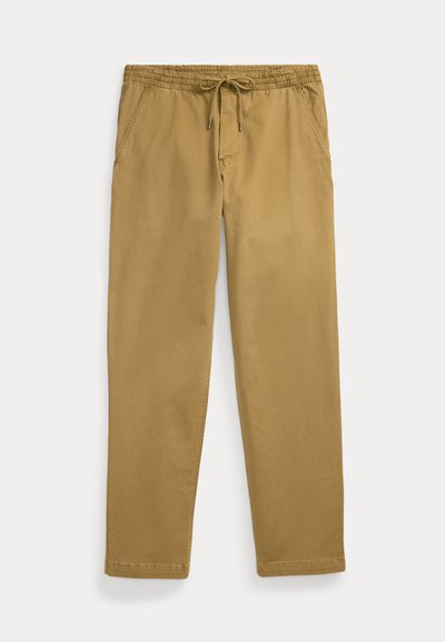 Khaki raka byxor med elastisk midja och frontdragband, utrustade med snedställda framfickor och sydda fållar.