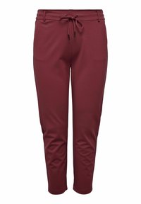 Burgundin väriset urheiluhousut joustavasta kankaasta, joissa on kiristysnyöri vyötäröllä, kapeutetut lahkeet ja sileä, kuvioimaton pinta.