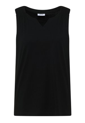 Haut noir sans manches avec un col en V discret et un détail de tissu froncé aux épaules.