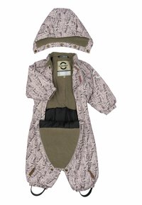 Růžový venkovní snowsuit s květinovým vzorem, fleece podšívkou, elastickými manžetami a odnímatelnou kapucí. Obsahuje patentky a zipový přední díl.