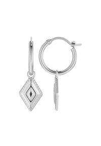 Orecchini a cerchio in argento con un pendente a forma di diamante, dotato di un foro centrale e dettagli a perline lungo i bordi.