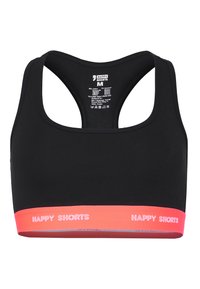 Soutien-gorge de sport noir avec un design dos nageur et une bande rose portant le texte "HAPPY SHORTS". Fabriqué à 90 % en coton et à 10 % en élasthanne.