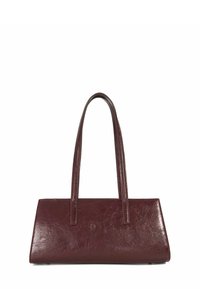Burgundy leather handbag with smooth texture, rectangular shape, and two long handles. Features a clean, minimalist design and no visible hardware.