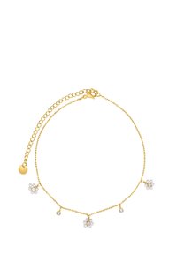 Bracciale in oro con tre charm a forma di fiore, con perle al centro e dettagli in cristallo. Lunghezza regolabile con chiusura a moschettone.