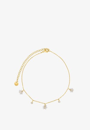 Bracelet en chaîne dorée avec trois pendentifs en forme de fleur, dotés de centres en perle et d'accents en cristal. Longueur ajustable avec une fermeture à mousqueton.