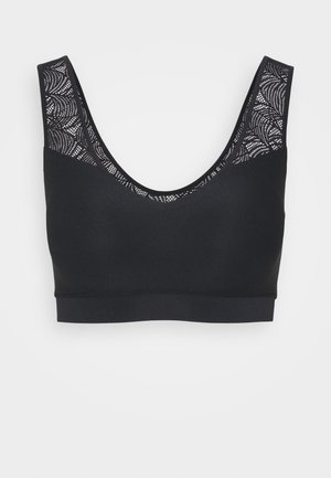 Bralette nera con spalline larghe, caratterizzata da un design in pizzo sulle spalle. Texture liscia e scollatura a V. Senza ferretto.