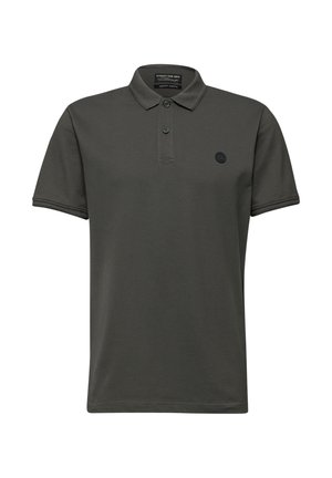 Dunkelgraues Polohemd mit kurzen Ärmeln, Zwei-Knopf-Patte, geripptem Kragen und Ärmeln sowie kleinem, rundem Logo auf der linken Brust.