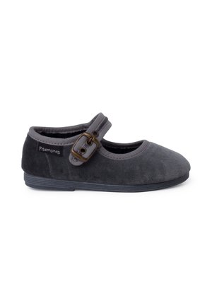 Gray velvet Mary Jane shoe with a rounded toe, Velcro strap, and decorative buckle detail. Black rubber sole for grip and durability.