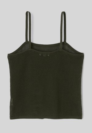 Débardeur sans manches en maille vert foncé avec fines bretelles, posé à plat sur un fond gris clair.