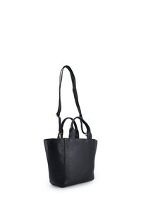 Black leather tote bag featuring two top handles and a detachable shoulder strap, with a smooth texture and structured shape.