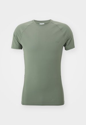 Olive green short-sleeve athletic t-shirt made from smooth, lightweight fabric. Features rounded neckline and raglan sleeves.