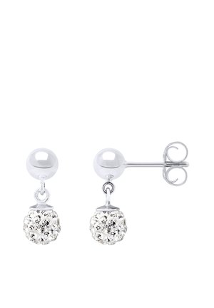 Clous d'oreilles en argent avec de petites sphères pendantes incrustées de cristaux clairs et scintillants, montrés de face et de côté.
