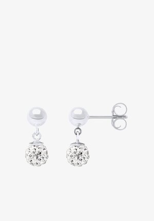 Clous d'oreilles en argent avec de petites sphères pendantes incrustées de cristaux clairs et scintillants, montrés de face et de côté.