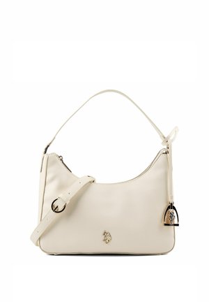 Borsa a tracolla in pelle color crema con cerniera superiore, tracolla regolabile, piccolo emblema in metallo con cavallo e cavaliere sul davanti e charm pendente.
