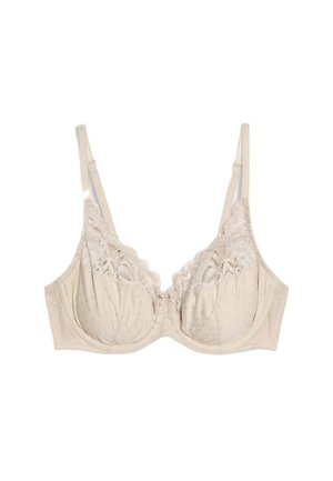 Beige bh met stippenpatroon, kantafwerking langs de bovenkant, verstelbare bandjes en een haaksluiting aan de achterkant. Zachte textuur.