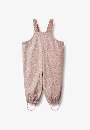 Salopete roz pal cu model floral, curele ajustabile, manșete elastice și detalii cu butoane pe lateral. Fabricată din material ușor.