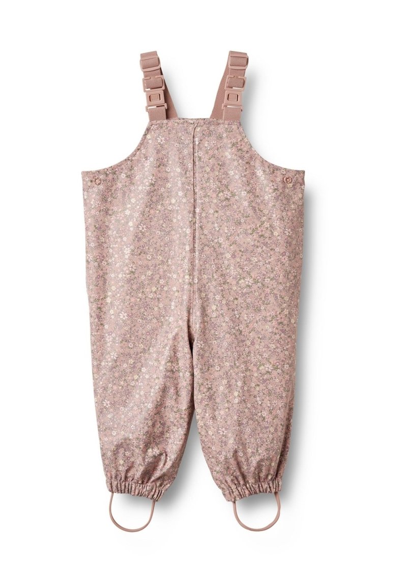 Salopettes roses pâles à motif floral, avec des bretelles réglables, des poignets élastiqués et des détails de boutons sur le côté. Fabriquées en matériau léger.
