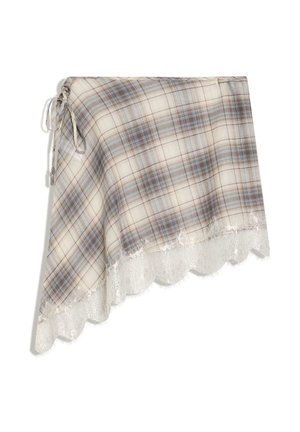 Asymetrická károvaná sukňa v béžových, modrých a hnedých tónoch s ozdobnou čipkovou lemovkou a detailom bočného viazania.