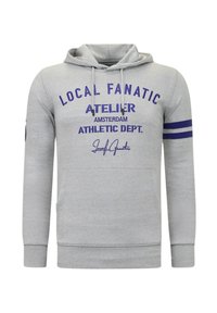 Grijze hoodie van katoen met een capuchon met trekkoord, met navy blauwe tekst en strepen op de mouwen, en een kangaroezak aan de voorkant.